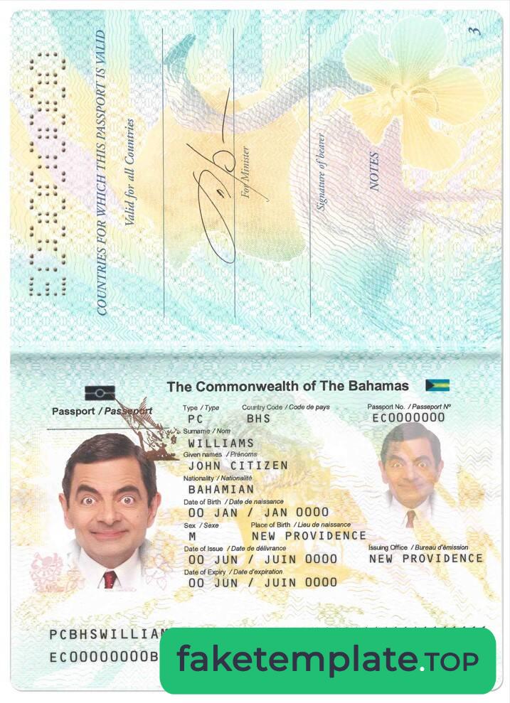 Feature of fake Bahamas passport example